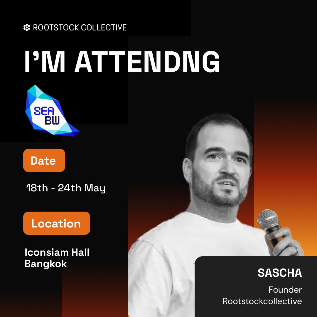RootstockColl's tweet photo. Bangkok, here we come! 🇹🇭

We’re excited to share that @GoetzMr, our Founder, will be attending Southeast Asia Blockchain Week from May 18–24.

If you’ll be there and want to talk about the future of Bitcoin DeFi, and building sustainable ecosystems in web3, let’s connect.

See you at SEA Blockchain Week! 🧡