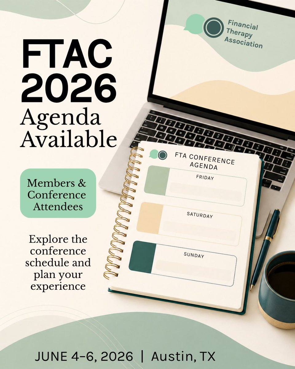 FinTherapyAssoc's tweet photo. —The FTAC26 Agenda is Available—

View the agenda here: https://t.co/LV21cbcTyZ

#FTAC26 #FinancialTherapy #FinancialTherapyAssociation #MoneyAndMentalHealth #FinancialWellbeing #BehavioralFinance #AustinConference https://t.co/WJXw1hakjt