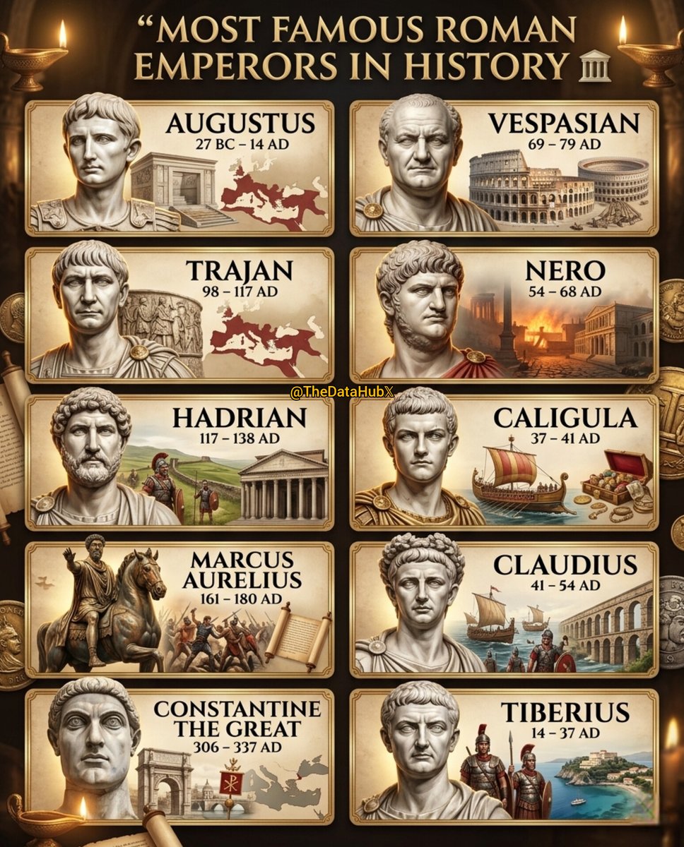 TheDataHubX's tweet photo. Most Famous Roman Emperors in History 🏛️

1) Augustus (27 BC – 14 AD)  
He founded the Roman Empire and established the Pax Romana.

2) Trajan (98 – 117 AD)  
He expanded the Roman Empire to its greatest territorial extent.

3) Hadrian (117 – 138 AD)  
He built Hadrian’s Wall and strengthened Rome’s borders.

4) Marcus Aurelius (161 – 180 AD)  
He was a philosopher-emperor and the author of Meditations.

5) Constantine the Great (306 – 337 AD)  
He legalized Christianity and founded Constantinople.

6) Vespasian (69 – 79 AD)  
He restored stability after the civil war and began the construction of the Colosseum.

7) Nero (54 – 68 AD)  
He became one of Rome’s most infamous emperors and was associated with the Great Fire of Rome.

8) Caligula (37 – 41 AD)  
He became famous for his controversial rule and extreme behavior.

9) Claudius (41 – 54 AD)  
He expanded the empire and led the conquest of Britain.

10) Tiberius (14 – 37 AD)  
He strengthened and consolidated the early Roman Empire after Augustus.