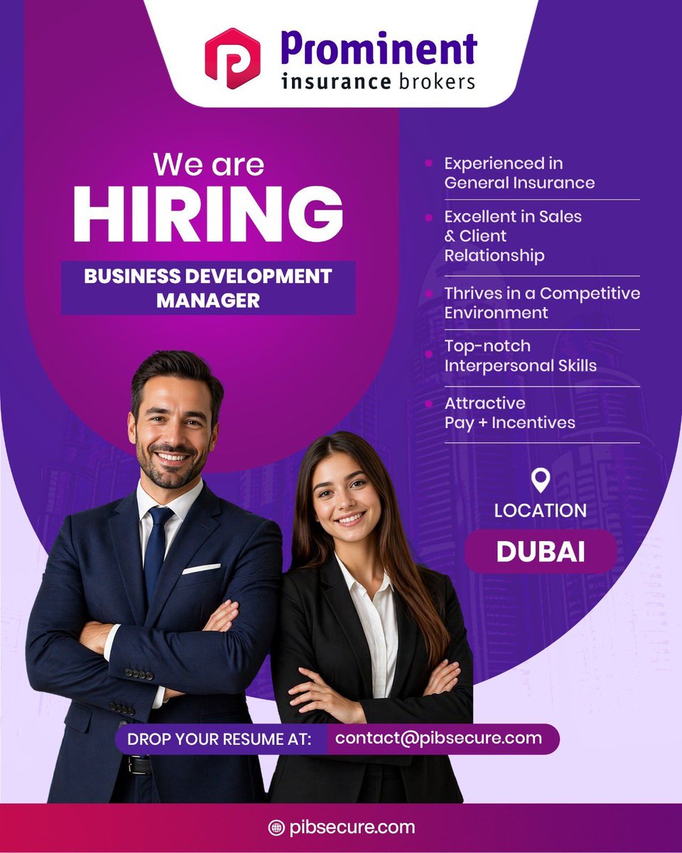 ProminentInsur1's tweet photo. We are expanding in Dubai.
Hiring: Business Development Manager

Results-driven professional with insurance industry expertise.

Interested or know someone suitable?
Share your CV at contact@pibsecure.com

#prominentinsurancebrokers #hiring #jobopening #uae #dubai https://t.co/mb2rIofwO4