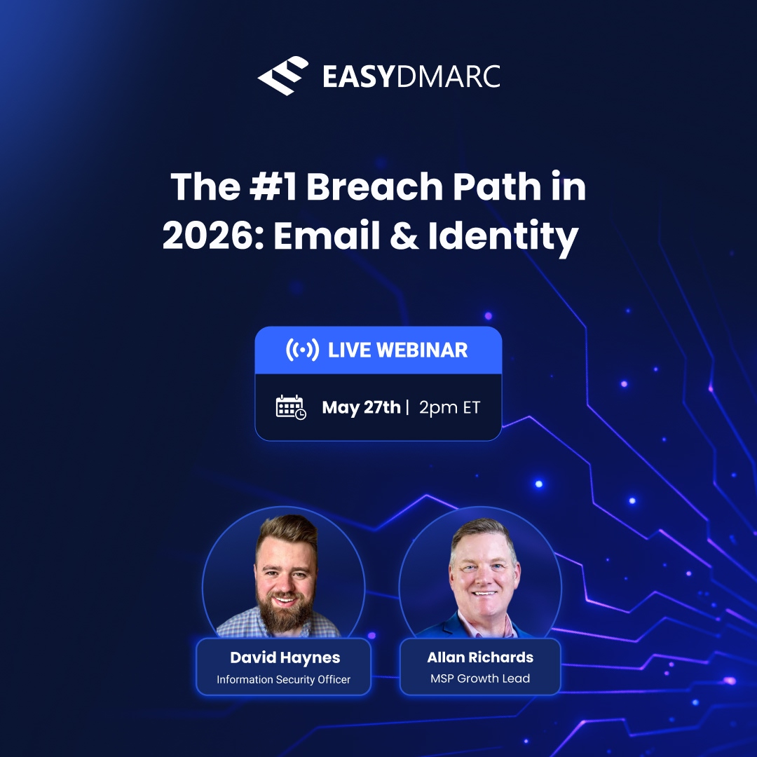 easydmarc's tweet photo. 🔐 Most MSP client breaches still trace back to email and identity.

Join our upcoming webinar, "The #1 Breach Path in 2026: Email & Identity," for a practical session on what's actually happening in Microsoft 365 environments and how MSPs can address it without adding complexity to their stack.

Together with our guest speaker, David Haynes, Information Security Officer at Augmentt, our very own Allan Richards, MSP Growth Lead at EasyDMARC, will walk through current attack patterns, the controls that hold up against them, and how MSPs can turn this work into stronger client outcomes and stronger margin.

What we'll cover:
✅ Practical strategies to strengthen email and identity security,
✅ How to detect and manage risks across multiple Microsoft 365 tenants,
✅ Using visibility and automation to catch configuration drift before it's exploited,
✅ How to translate findings into client conversations that drive retention and upsell.

🎙 Speakers:
David Haynes, Information Security Officer at Augmentt
Allan Richards, MSP Growth Lead at EasyDMARC

📅 May 27, 2:00 PM ET

🔗 Reserve your spot: https://t.co/u7GKhskvFS 

#EasyDMARC #EmailSecurity #Cybersecurity #DMARC #MSP