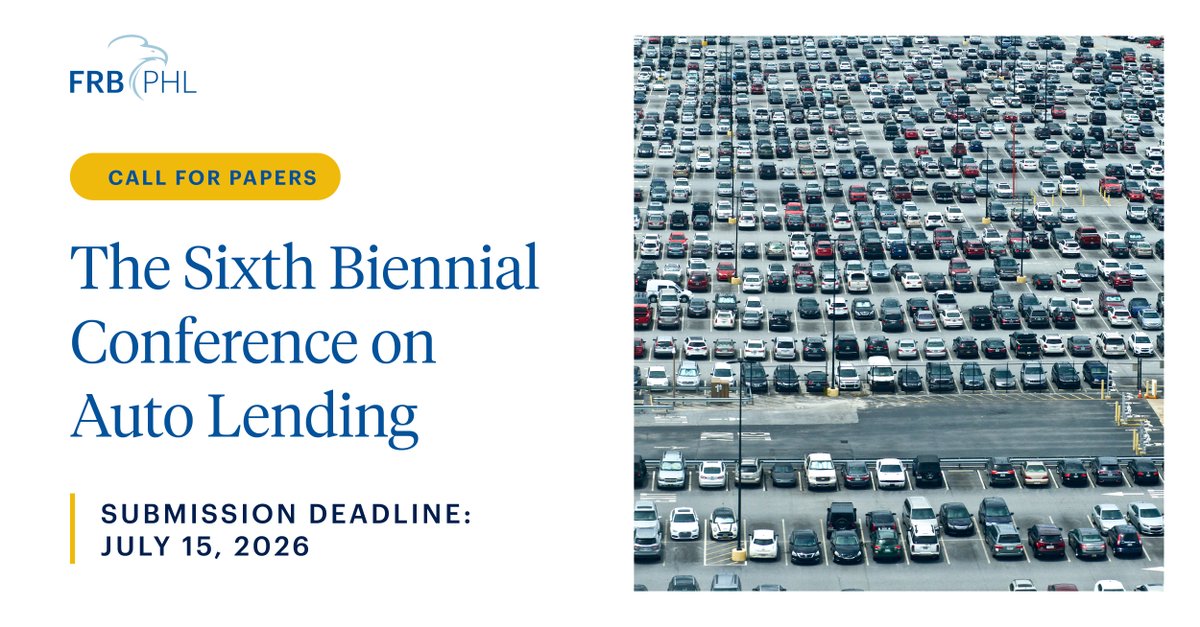 PhilFedResearch's tweet photo. The Sixth Biennial Conference on Auto Lending is now accepting submissions of academic research on a wide range of topics, including auto finance, credit risk, vehicle markets, fintech, AI and machine learning, EVs, and more. Submission deadline: July 15. https://t.co/1TsH7h3EYy https://t.co/fco8aatJ9y
