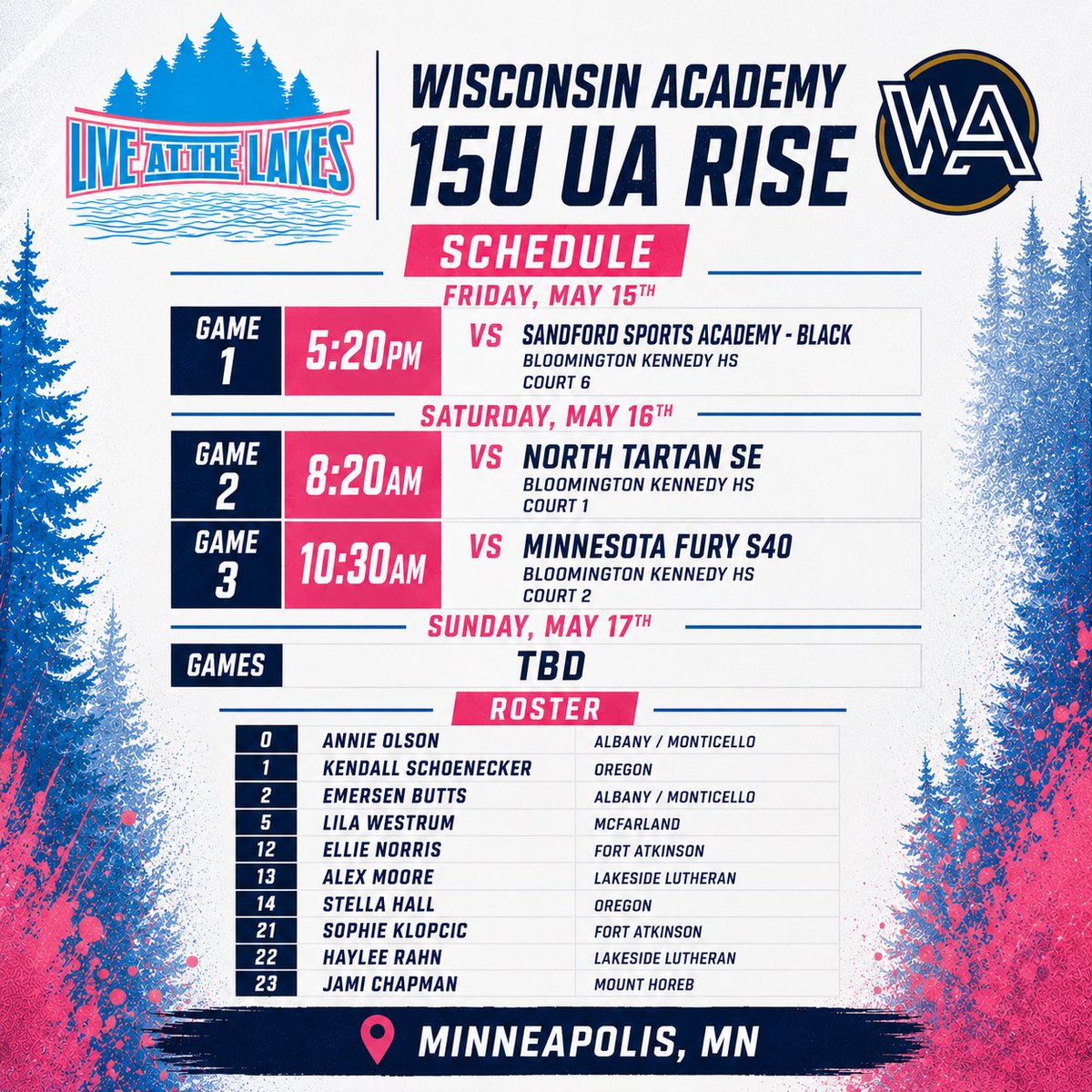 WiscoAcademy's tweet photo. 15U &amp; 16U UA Rise teams will be heading to Minneapolis this weekend to compete in the @JrAllStarBB Live at the Lakes event!

Check out the girls rosters &amp; schedules below! 👀

Looking forward to a great weekend of hoops!

#WABFam https://t.co/O7gZElLXSM