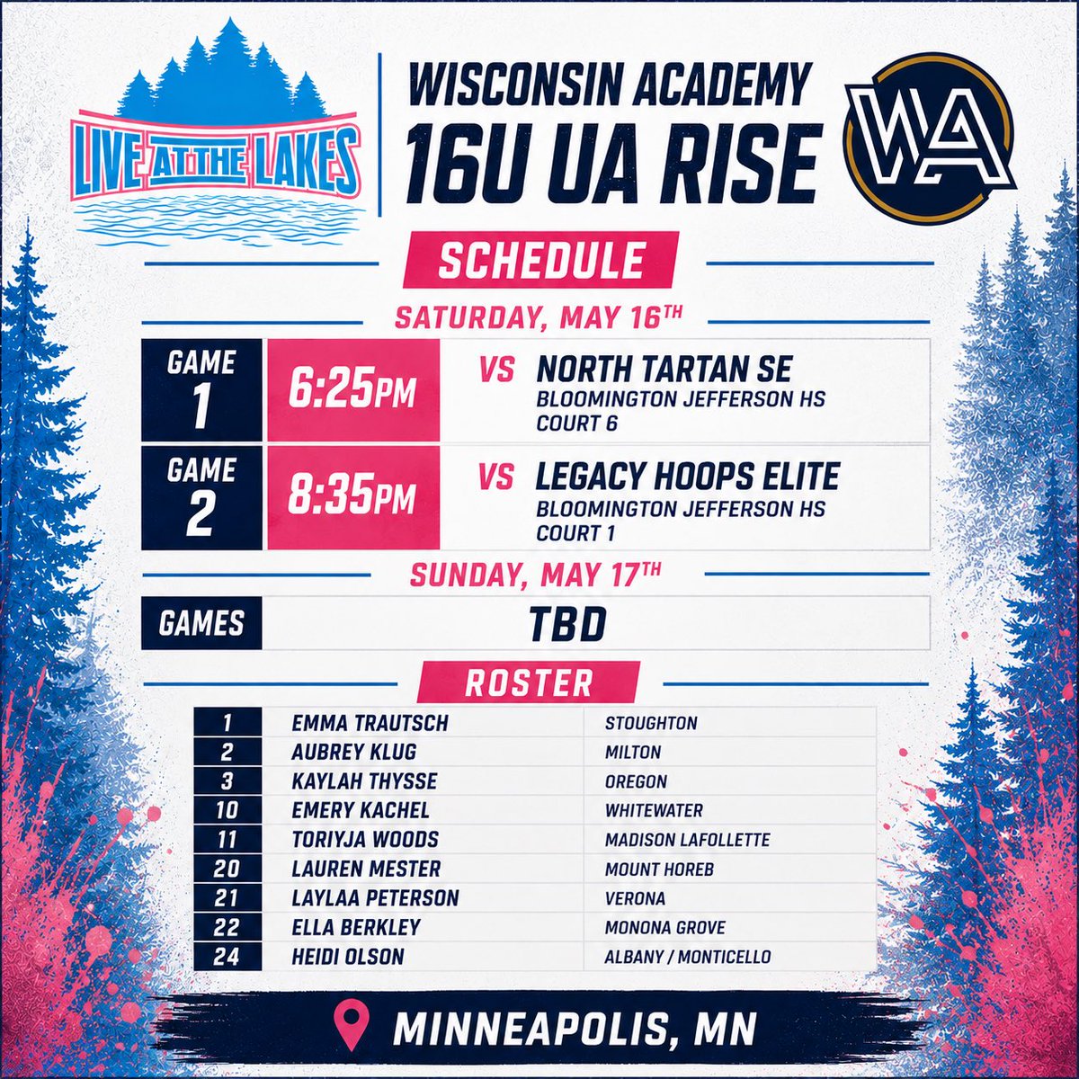 WiscoAcademy's tweet photo. 15U &amp; 16U UA Rise teams will be heading to Minneapolis this weekend to compete in the @JrAllStarBB Live at the Lakes event!

Check out the girls rosters &amp; schedules below! 👀

Looking forward to a great weekend of hoops!

#WABFam https://t.co/O7gZElLXSM