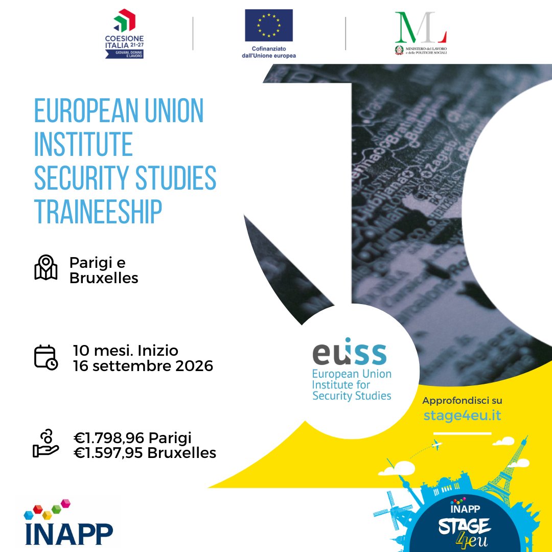 stage4eu's tweet photo. 🇪🇺 L'EUISS cerca 9 tirocinanti!

Scienze Politiche, RI o Economia? Questa è la tua chance:

✅ 10 mesi a Parigi o Bruxelles
✅ Temi: cyber, difesa, geopolitica, disinformazione...

⏰ Scadenza: 31 maggio 2026
🔗 https://t.co/8Ob9z33oX1

#EUISS #Traineeship #EU https://t.co/9AkK50dNuU