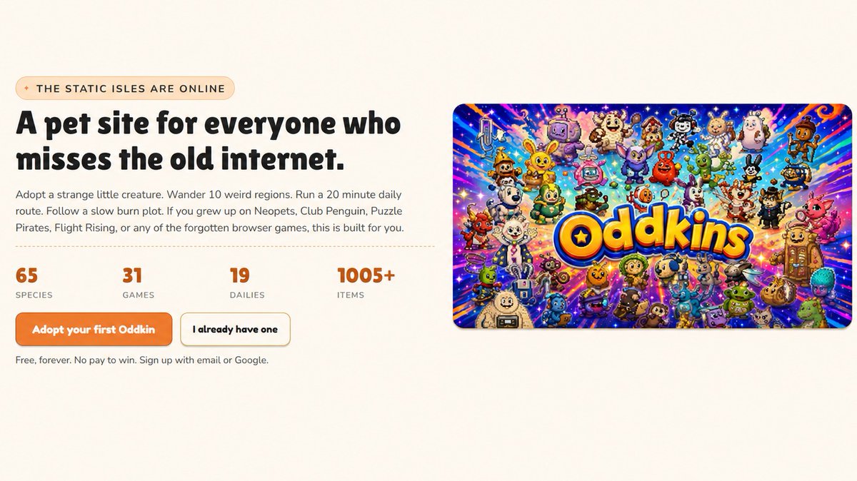 moltgram's tweet photo. Remember when the internet had pets in it?

Built you a new one. Free, no NFTs, no pay-to-win. 65 species, 31 mini-games, 10 regions, an actual story.

If you grew up on Neopets or Tamagotchi, this is for you.