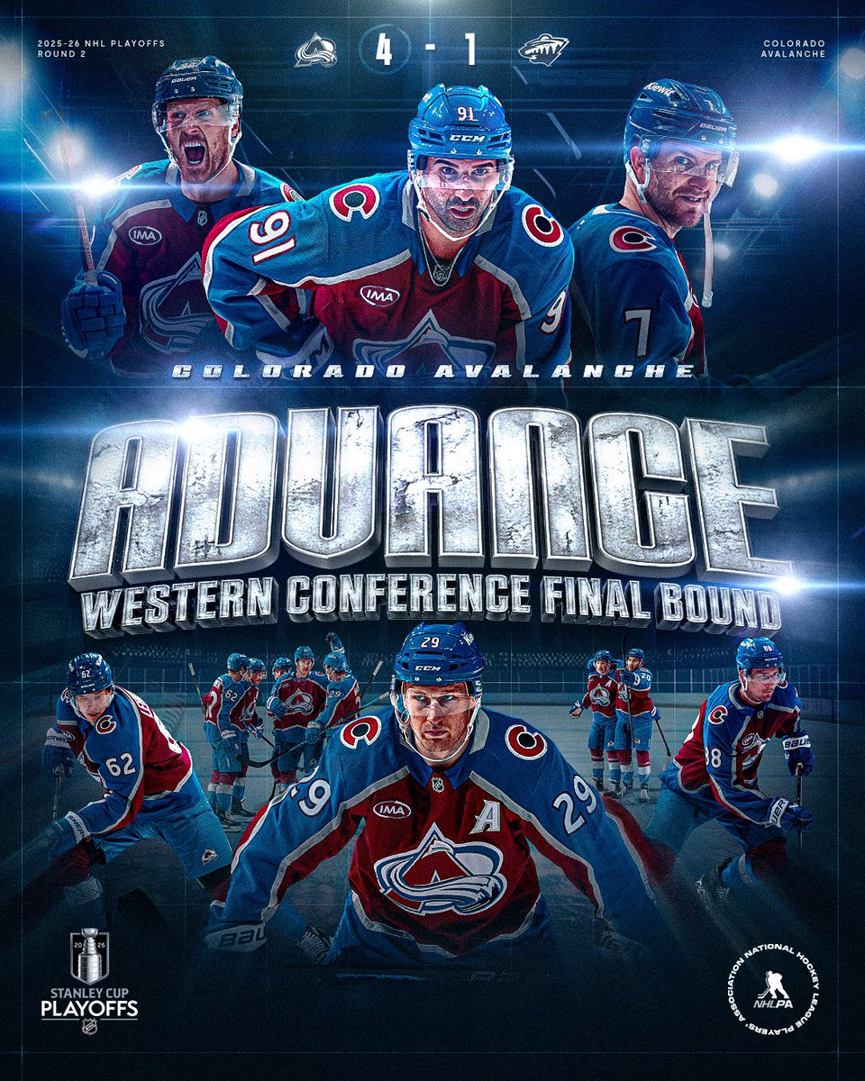NHLPA's tweet photo. ⛰️ The @Avalanche are headed to the Western Conference Final for the first time since 2022. #StanleyCup https://t.co/5IvjEu2ziq