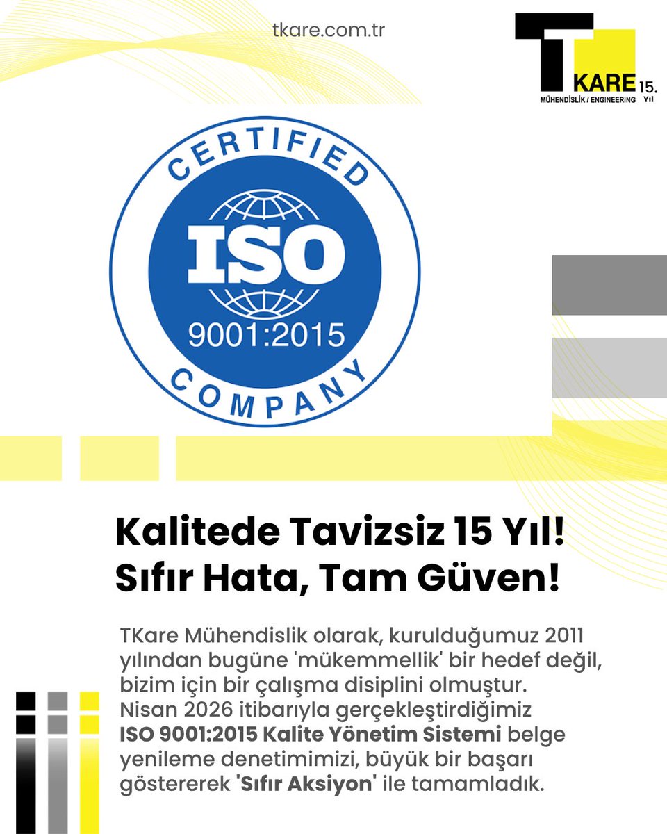 TkareEngineer's tweet photo. TKare Mühendislik olarak, kurulduğumuz 2011 yılından bugüne 'mükemmellik' bir hedef değil, bizim için bir çalışma disiplini olmuştur.

Nisan 2026 itibarıyla gerçekleştirdiğimiz ISO 9001:2015 Kalite Yönetim Sistemi belge yenileme denetimimizi, büyük bir başarı göstererek+ https://t.co/yBlklxIhKW