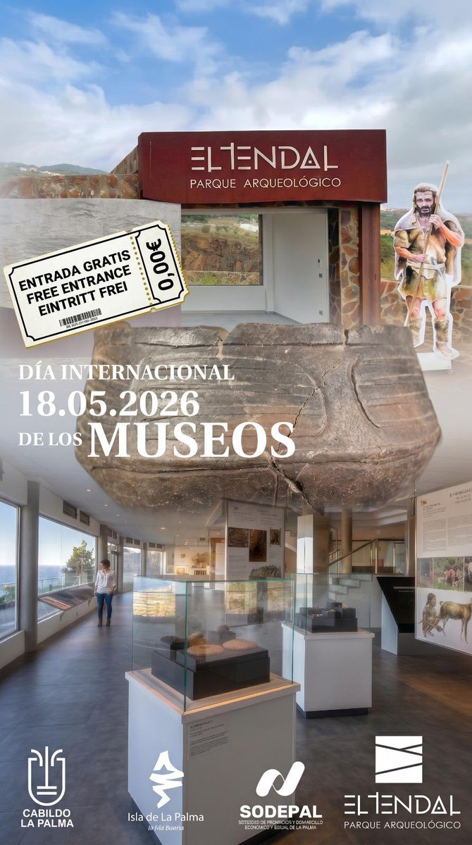 CabLaPalma's tweet photo. 🎟️ La entrada a los Centros Turísticos de La Palma será gratuita el lunes 18 de mayo con motivo del Día de los Museos.

✅ El Centro de Visitantes del Roque de Los Muchachos, el Parque Arqueológico El Tendal y Caños de Fuego son algunos de estos espacios.

https://t.co/x3zBhYn5sO https://t.co/ghvTNpe9wP