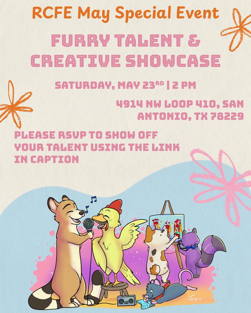 RCFurryEvents's tweet photo. SAN ANTONIO FURRY TALENT & CREATIVE SHOWCASE 🐾

So, our next event is a little different... and the place we're holding it is really cool.

We're renting out space at School of Comics of San Antonio (@schoolofcomics_satx), a brand new creative workspace in the city run by the same people behind Laguna Studios. Art studio space, supplies, classes, events... they're building something really great over here, and as a new business doing good things for creatives in San Antonio, we want to support them. Come out and do that with us!

When: Saturday, May 23, 2026 at 2:00 PM
Where: School of Comics of San Antonio
4914 Northwest Loop 410 #101, San Antonio, TX 78229
Cost: FREE

---

This is the first ever San Antonio Furry Talent and Creative Showcase, and the whole idea is simple: show up, share what you do, and let your community actually see you.

That could look like a lot of things. Fursuit work, original art, writing, photography, music, performing, dancing, car stuff, organizing events... even just talking about a project you've been working on. Fellow organizers, this is a great chance to talk about what you do and connect with people who get it. You don't have to have a big presentation or a finished product. If it's something you care about and put effort into, that counts.

We'll be hanging out together for about two and a half hours, and at the end we're going to take a group photo together, put together a full list of everyone who shared something, and give a proper thank you to each of you. Because this community has a lot going on in it, and it deserves to be seen.

And hey... this is open to everyone. If you're not a furry but you're curious about who we are and what we're about, come see for yourself. You're welcome here.

Come show us what you've got.

---

Want to be featured? Sign up here: https://t.co/L1ktmEMbBR

Questions? Reach out to us!
Channel: https://t.co/i9t5cYmVQE
Group chat: https://t.co/WwNlx1YRTJ
 
Amazing art done by Thorgi!