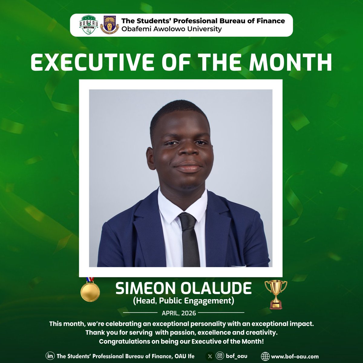 bof_oau's tweet photo. Who’s in charge of our engagements, catchy captions and our releases…even this one? 😂
It's Simeon Olalude our Head of Public Engagements. 💚
Congratulations to Simeon on emerging as BOF OAU Executive of the Month. 🏆
#BOFOAU #ExecutiveOfTheMonth #PublicEngagement https://t.co/krKeSZBjVS