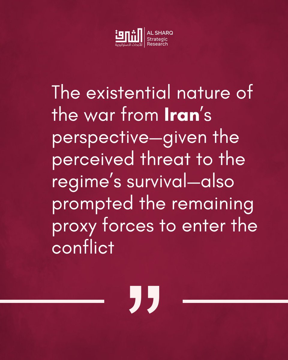SharqStrategic's tweet photo. From Iran’s perspective, the war carried an existential dimension, shaped by the perceived threat to the regime’s survival.

This perception helped drive the involvement of remaining proxy forces, including Hezbollah in Lebanon and the Houthis in Yemen, marking a shift from earlier phases in which Tehran maintained greater control over escalation.

Read the full article by Javad Heiran-Nia @J_Heirannia : https://t.co/LPW48OaPsA
