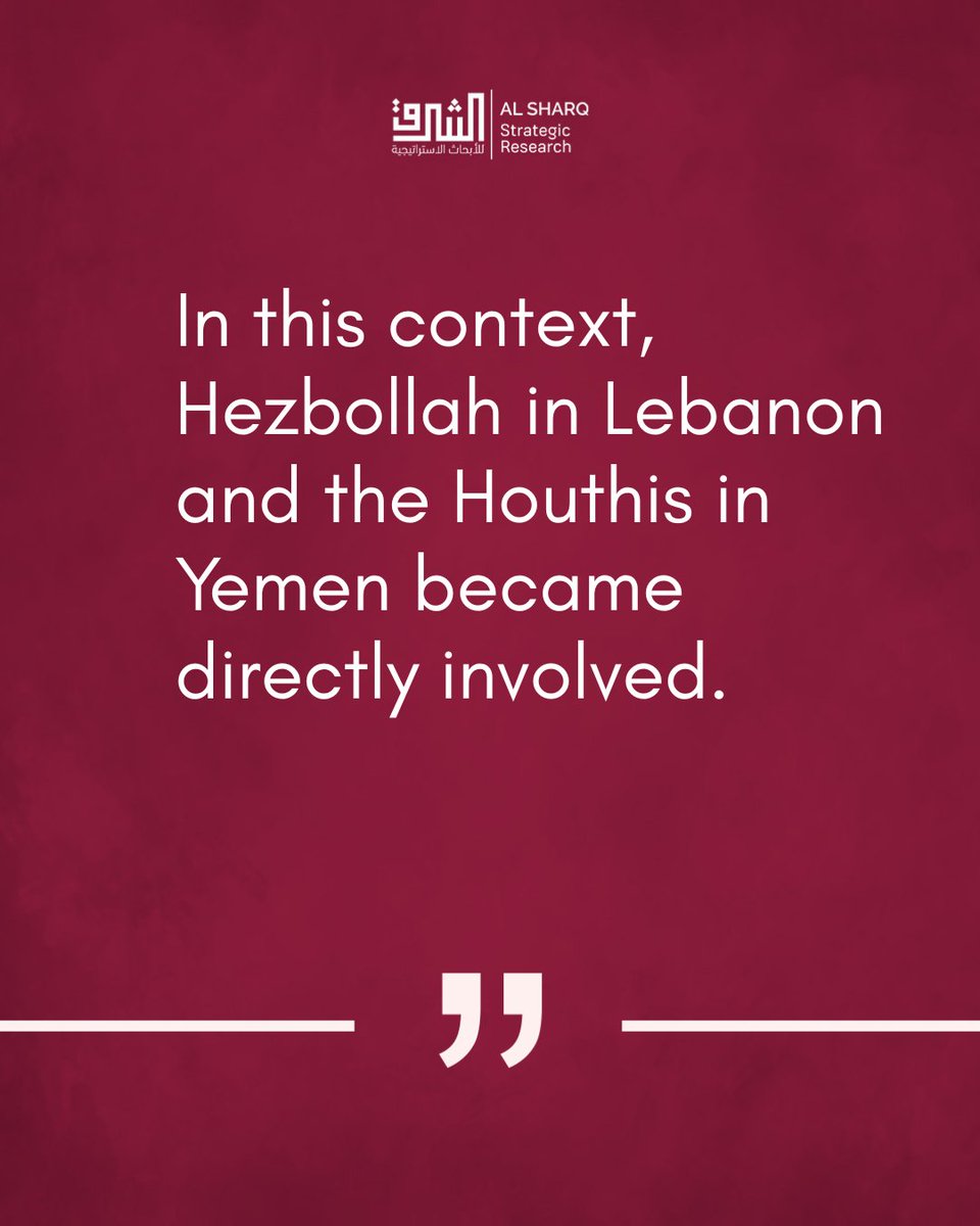 SharqStrategic's tweet photo. From Iran’s perspective, the war carried an existential dimension, shaped by the perceived threat to the regime’s survival.

This perception helped drive the involvement of remaining proxy forces, including Hezbollah in Lebanon and the Houthis in Yemen, marking a shift from earlier phases in which Tehran maintained greater control over escalation.

Read the full article by Javad Heiran-Nia @J_Heirannia : https://t.co/LPW48OaPsA