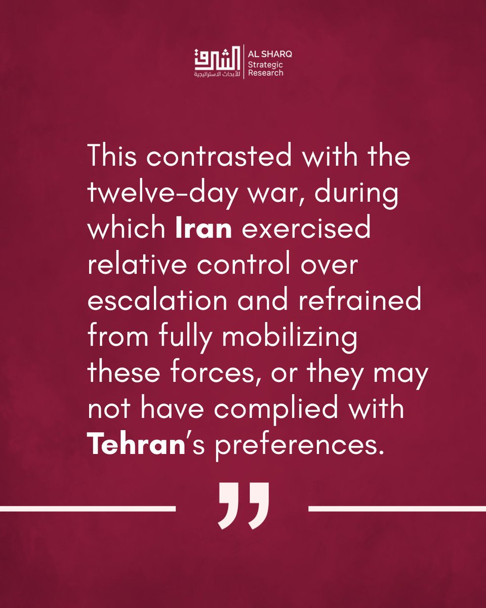 SharqStrategic's tweet photo. From Iran’s perspective, the war carried an existential dimension, shaped by the perceived threat to the regime’s survival.

This perception helped drive the involvement of remaining proxy forces, including Hezbollah in Lebanon and the Houthis in Yemen, marking a shift from earlier phases in which Tehran maintained greater control over escalation.

Read the full article by Javad Heiran-Nia @J_Heirannia : https://t.co/LPW48OaPsA