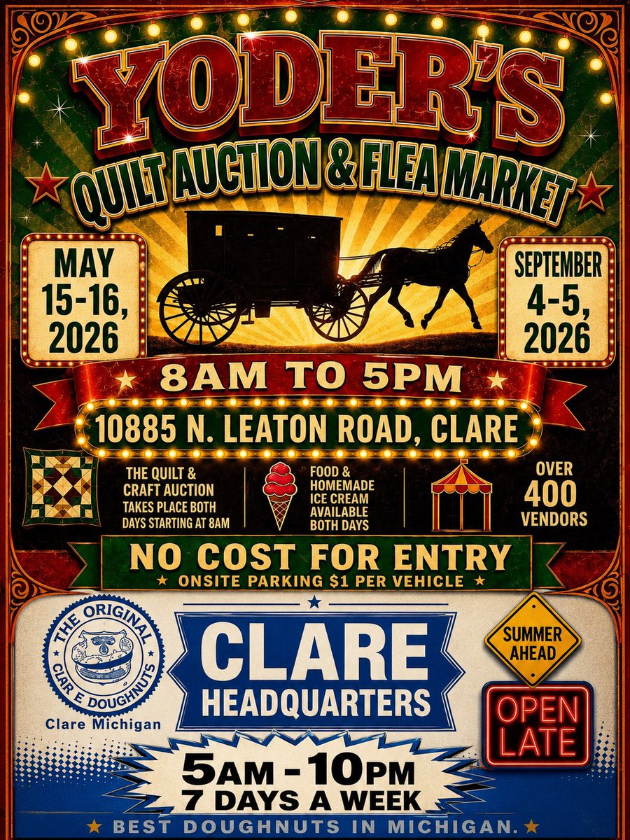 CopsDoughnuts's tweet photo. Just 5 minutes from Downtown Clare, Michigan is the Spring Yoders Amish Quilt Auction &amp; Flee Market. Open Friday &amp; Saturday May 15&amp;16 8am-5pm.  It's a great day to checkout Downtown Clare, Michigan. Stroll the streets checking out all the Artwork. Dine and Shop in quaint stores. https://t.co/G4KIEk3Vff