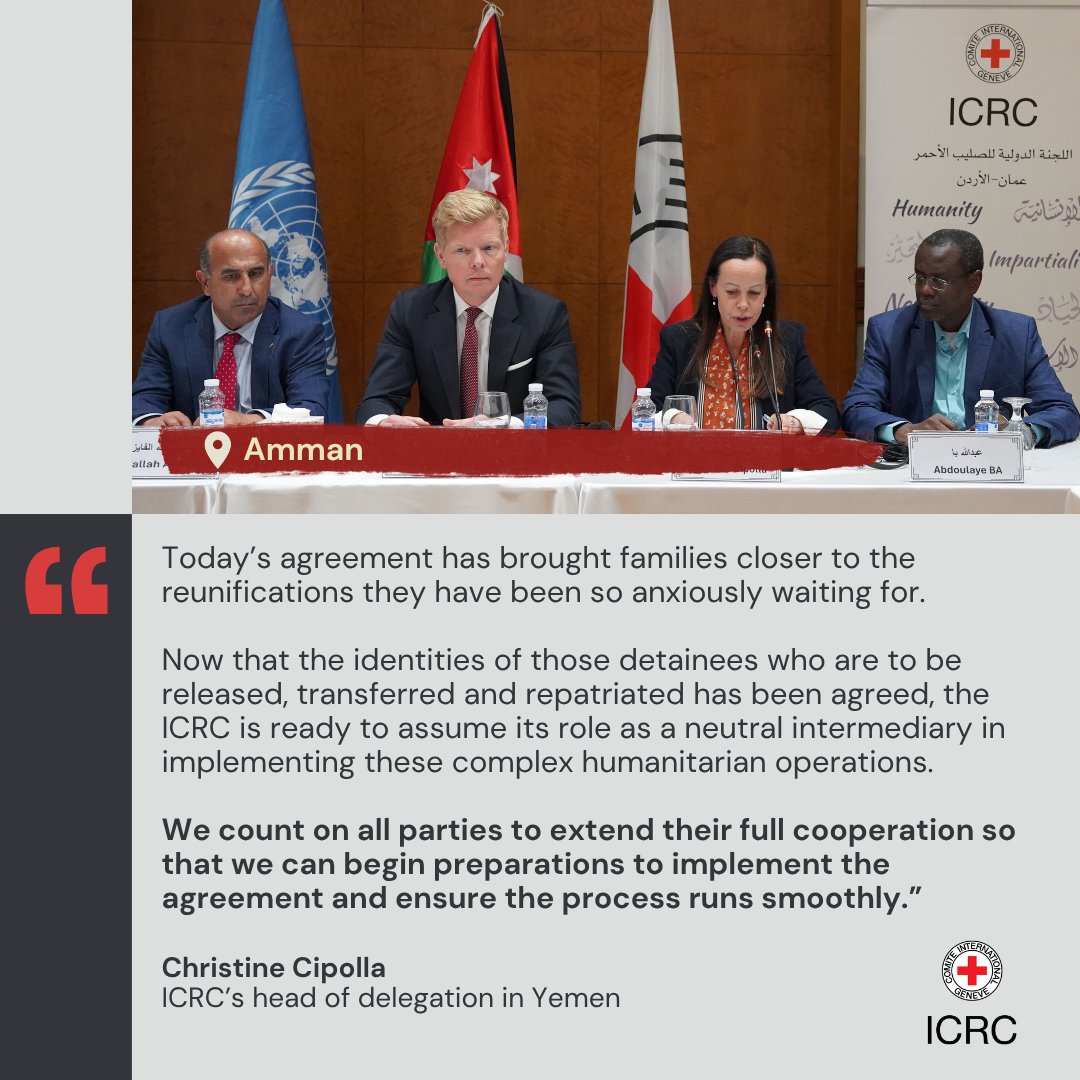 ICRC_ye's tweet photo. We welcome the agreement between parties to the conflict in #Yemen on the release, transfer &amp; repatriation of detainees.
For many families who have endured years of uncertainty and separation, this step offers hope of reunification with their loved ones

https://t.co/B4uO4q2xpe https://t.co/IL6zi6Ac8I