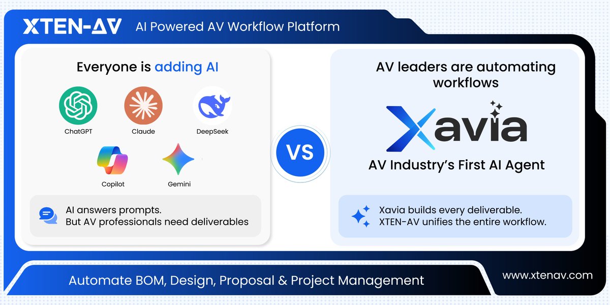 xten_av's tweet photo. Everyone is adding AI.
AV leaders are automating workflows with XAVIA.

From BOMs and AV design to proposals and project management, all in one platform.

Meet the AV industry’s first AI Agent:
https://t.co/N4b4iGQAEe

#XTENAV #XAVIA #ProAV #AI #WorkflowAutomation https://t.co/aUjJDzyp8L