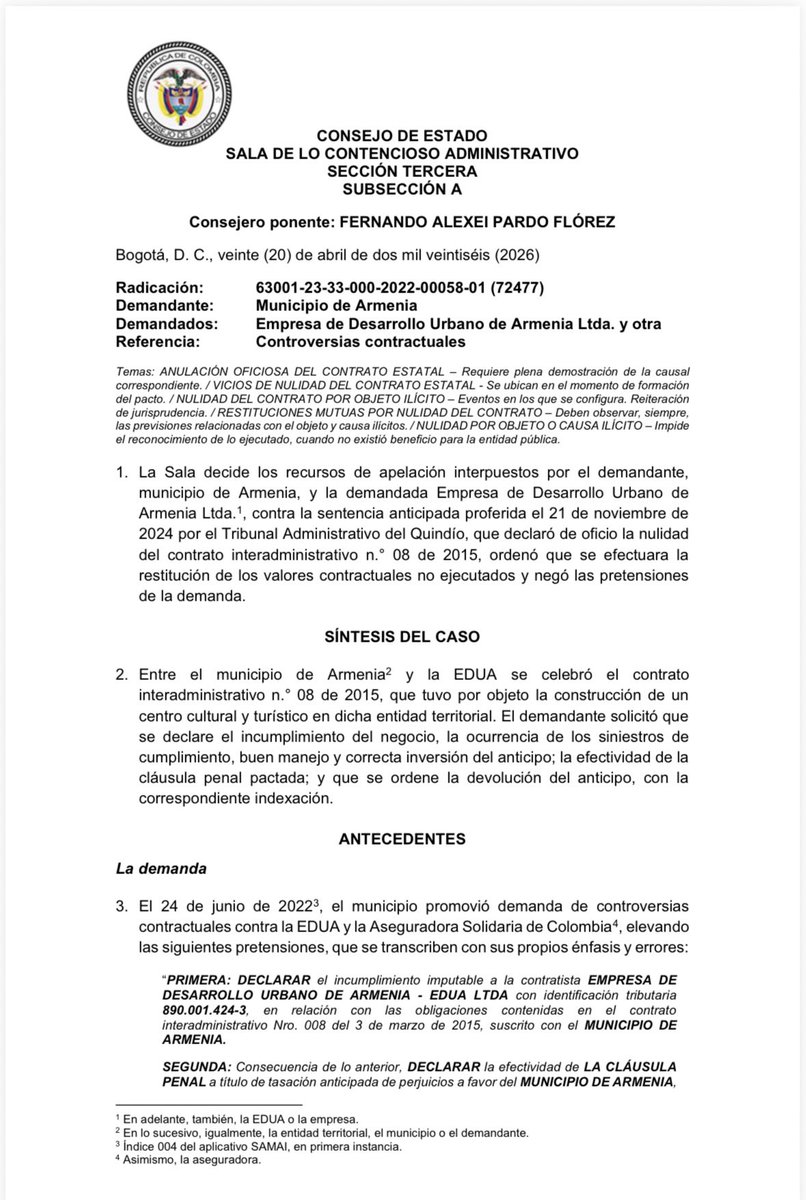 cabogadosa1's tweet photo. 📌 Contratación estatal: ANULACIÓN OFICIOSA DEL CONTRATO ESTATAL – Requiere plena demostración de la causal correspondiente. / VICIOS DE NULIDAD DEL CONTRATO ESTATAL - Se ubican en el momento de formación
del pacto. / NULIDAD DEL CONTRATO POR OBJETO ILÍCITO – Eventos en los que se configura. Reiteración
de jurisprudencia. / RESTITUCIONES MUTUAS POR NULIDAD DEL Deben observar, siempre,
las previsiones relacionadas con el objeto y causa ilícitos. / NULIDAD POR OBJETO O CAUSA ILÍCITO – Impide
el reconocimiento de lo ejecutado, cuando no existió beneficio para la entidad pública. 

Consejo de Estado. Sección Tercera. Subsección A. Sentencia de 20 de abril de 2026. Rad. 63001-23-33-000-2022-00058-01 (72477). C.P. Fernando Pardo Florez.

https://t.co/MmfSxjrI9A