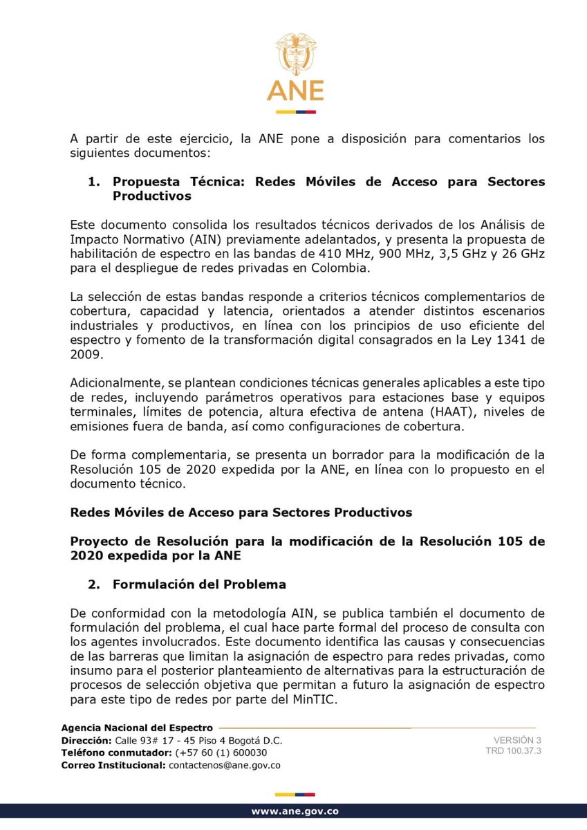 ANE_Colombia's tweet photo. #ANEInforma I La Agencia Nacional del Espectro pone a disposición de sus grupos de interés documentos que marcan un hito en el proceso de habilitación del espectro radioeléctrico para el despliegue de redes privadas de banda ancha. 

Más detalles en: https://t.co/5TbXt0brI4 https://t.co/m280AsSiz5