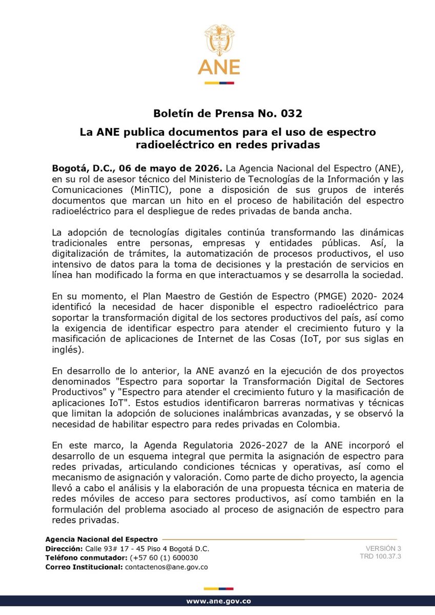 ANE_Colombia's tweet photo. #ANEInforma I La Agencia Nacional del Espectro pone a disposición de sus grupos de interés documentos que marcan un hito en el proceso de habilitación del espectro radioeléctrico para el despliegue de redes privadas de banda ancha. 

Más detalles en: https://t.co/5TbXt0brI4 https://t.co/m280AsSiz5