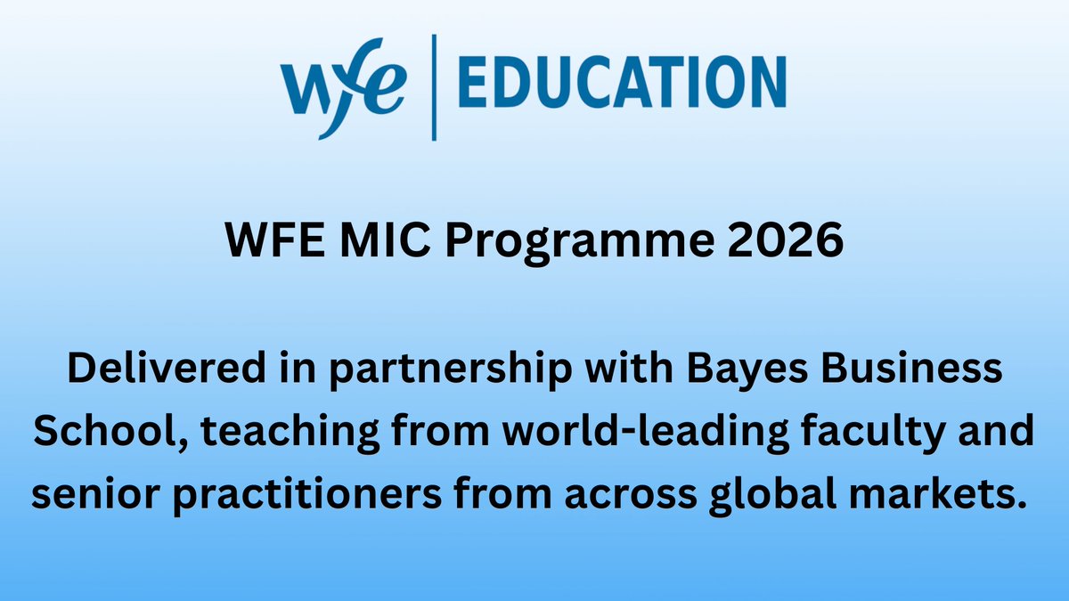TheWFE's tweet photo. The Market Infrastructure Certificate (MIC) is delivered in partnership with Bayes Business School. Participants who complete the programme receive a postgraduate certificate worth 60 credits - at the same academic level as an MSc.

Apply now: https://t.co/2w2RzDnWLe https://t.co/6sLJJJf6x7