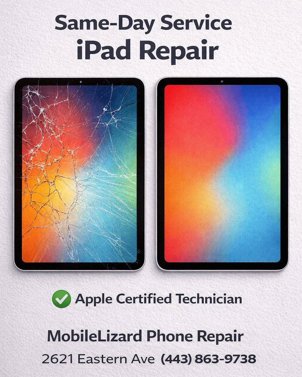 MobileLizard's tweet photo. ✅ Same-Day Service iPad Repair
✅ Apple Certified Technician 
✅ Walk-Ins Welcome https://t.co/8vw38FiibQ