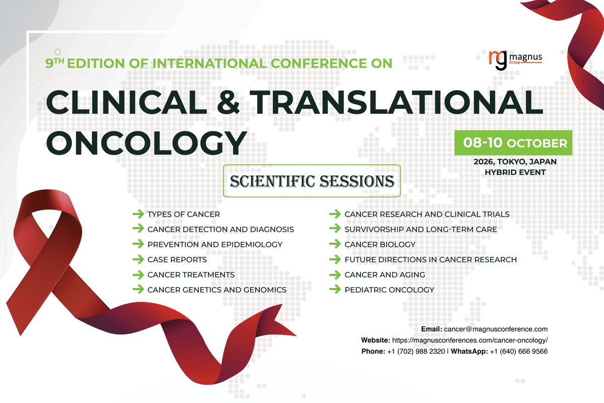 cancerconfer's tweet photo. Join global experts, researchers, and healthcare professionals at the 9th Edition of International @cancerconfer by @magnus_group.
📌Discover cutting-edge Scientific Sessions
📅October 8-10, 2026
📍Tokyo, Japan & Virtually
🌐Website: https://t.co/CUqZ1OE3G0
#cancerconference https://t.co/WRTGmHicA9