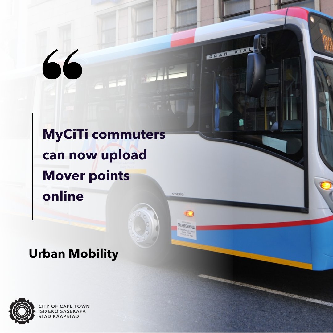 CityofCT's tweet photo. MyCiTi commuters can now top up their myconnect cards online using the MyCiTi website or app.
Customers can purchase Mover points anytime using a debit or credit card, making it easier to travel without needing to queue at stations or retailers.

See: https://t.co/CBuj5IMSz3 https://t.co/zBW4YNkk3S