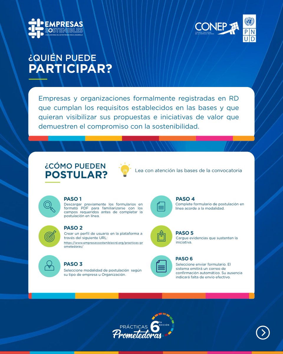CONEP_RD's tweet photo. 📢 ¡Ya está abierta la convocatoria de la 6ta Edición de Prácticas Prometedoras!

Una iniciativa que identifica, reconoce y promueve acciones de empresas y organizaciones que impulsan el avance de la sostenibilidad en República Dominicana. https://t.co/AzUHWboR0e