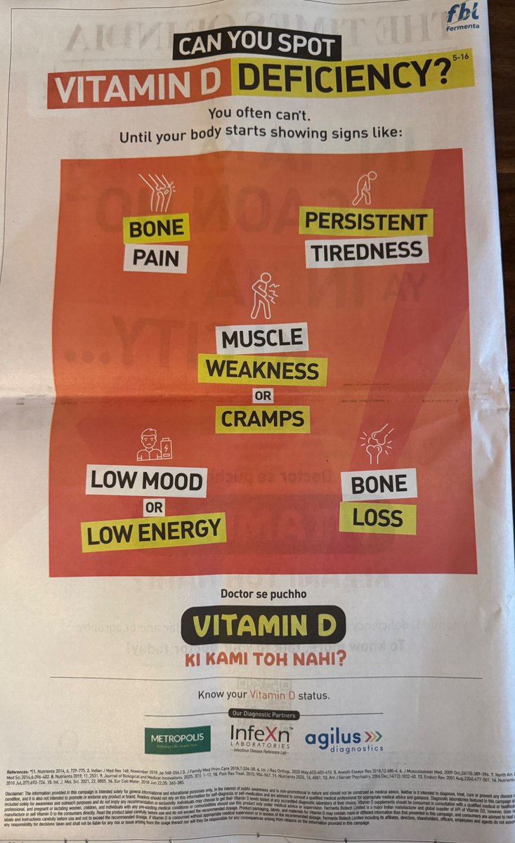 bhavinj's tweet photo. Today's full-page Times of India ad wants you to test your Vitamin D for tiredness, cramps, low mood.

The USPSTF explicitly does NOT recommend routine Vitamin D testing in healthy people.

The "deficiency" is largely a cut-off shifted from 20 to 30 ng/ml — turning normal people into "insufficient" overnight.

https://t.co/ikgJunyFTL