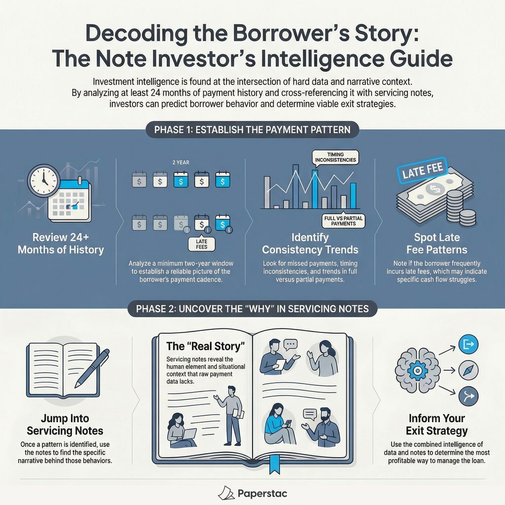 paper_stac's tweet photo. Investment intelligence = hard data + narrative context 📊
Phase 1: Review 24+ months payment history Phase 2: Read servicing notes for the "why"
This combo helps you predict borrower behavior and choose the right exit strategy.
Guide → https://t.co/j4JZSXOs9H
#NoteInvesting https://t.co/wJOUQ076GW