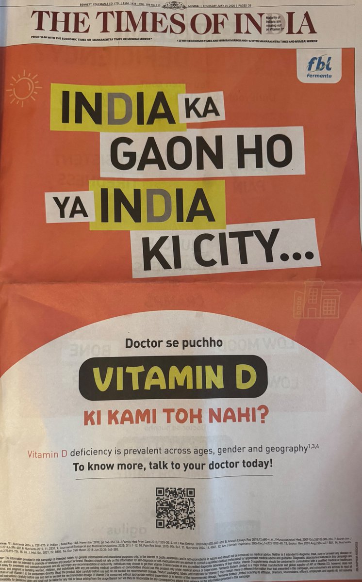 bhavinj's tweet photo. Today's full-page Times of India ad wants you to test your Vitamin D for tiredness, cramps, low mood.

The USPSTF explicitly does NOT recommend routine Vitamin D testing in healthy people.

The "deficiency" is largely a cut-off shifted from 20 to 30 ng/ml — turning normal people into "insufficient" overnight.

https://t.co/ikgJunyFTL