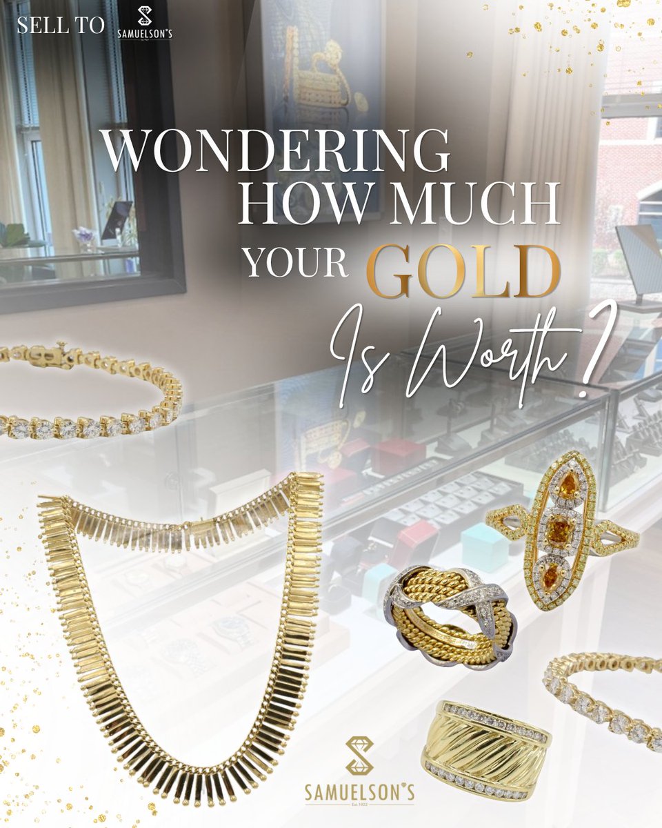SamuelsonsRocks's tweet photo. Wondering how much your gold is worth? 💰 

It all comes down to the current market price (Gold is high!), plus added value for items like watches, jewelry, or collectible coins. Our experts test for purity and evaluate your pieces to give you an accurate value. https://t.co/VQy19M4yNa