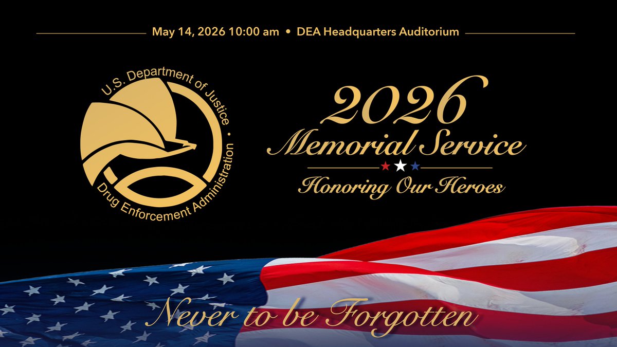 DEAHQ's tweet photo. Join us in commemorating the heroes of #DEA who gave their lives to uphold our mission. We honor their bravery, sacrifice, &amp; dedication. Watch DEA's annual memorial observance live at 10:00 am on https://t.co/wSTm9b0Pkz #WallOfHonor #PoliceWeek2026 @TheJusticeDept @WhiteHouse https://t.co/4b4oOxY8Aj