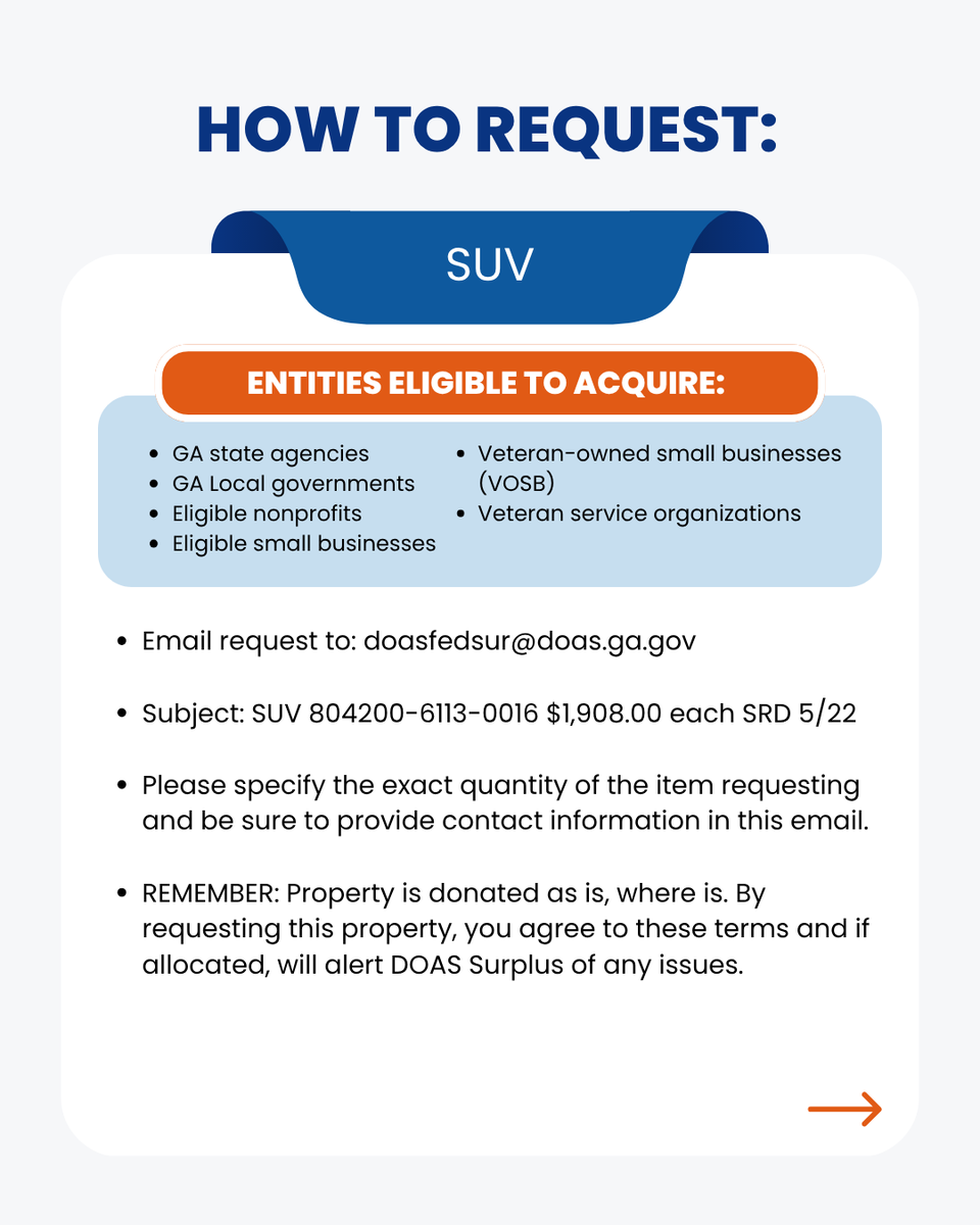 GAStateSurplus's tweet photo. Request this SUV from GA DOAS Surplus by May 22! Email doasfedsur@doas.ga.gov with item name, quantity, and contact info. Must be enrolled in the GA Surplus Property Program. #SurplusProperty #GeorgiaDOAS #SUV https://t.co/MDH8SHtTdr