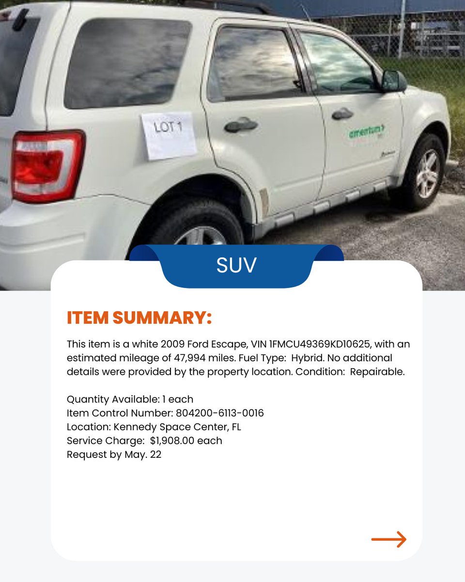 GAStateSurplus's tweet photo. Request this SUV from GA DOAS Surplus by May 22! Email doasfedsur@doas.ga.gov with item name, quantity, and contact info. Must be enrolled in the GA Surplus Property Program. #SurplusProperty #GeorgiaDOAS #SUV https://t.co/MDH8SHtTdr