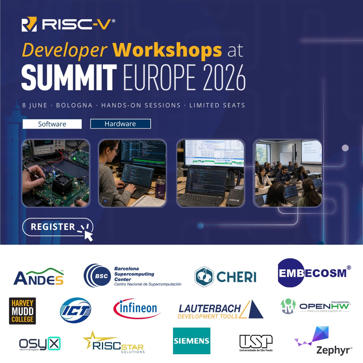 risc_v's tweet photo. From edge AI to advanced debugging and tracing.
From Zephyr to porting software to RISC-V.
From automotive software isolation to developing and running compliance testing.

The first European #RISCVDeveloperWorkshops bring it all together in one place, through hands-on labs.

If you want practical experience, this is where it happens 👉Join hands-on Developer Workshops on June 8 in Bologna, the day before RISC-V Summit Europe.

Open to all. €30 for a full day. Limited seats available, so grab yours quickly.

Register today: https://t.co/ZI0j2fdOz2
