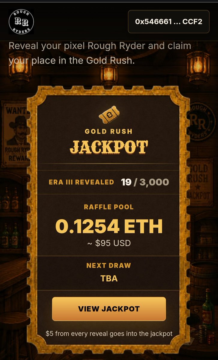 RoughRyderStage's tweet photo. Era III
Is live and you can now reveal your Pixel ryders.
https://t.co/DBgR1tIzym
Send your ryder into ERA III and claim your jackpot ticket now.

We will have multiple jackpots.
Nft gifts
And a few milestones

This is the @Rough_Ryders way 🥂

Welcome to the saloon........

Imagine bringing this to life.
Blackjack, vintage slots, bar, loot, and more.

We have a great plans in place and with your support. The sky is the limit.

Just swapped for more @XElementia plan on swapping for a lot more to onboard you all to the greatest solana project. I also lead @VAYU_X_TRIBE i would love to see you join us.

GIVEAWAY! 🚨🚨

Who wants a ryder to join us on this journey? Drop you eth wallet below.
👇 tell me something bullish.