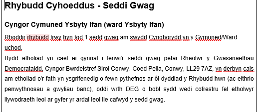demCBSConwy's tweet photo. Hysbysiad o Sedd Wag ar gyfer Cyngor Cymuned Ysbyty Ifan  - gosodwyd yr hysbysiad gan y clerc ar 14.05.26. Dyddiad cae 04.06.26. https://t.co/Ui6djPVjsT