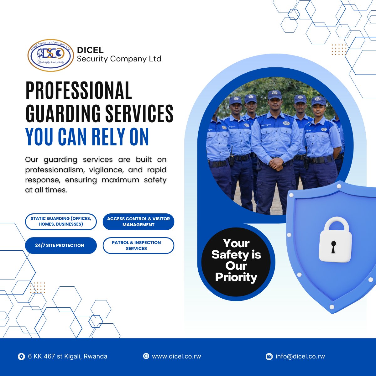 DicelSCompany's tweet photo. At Dicel Security Company Ltd, we deliver professional guarding services designed to protect your people, property, and business operations with vigilance and reliability.

✅ Static Guarding
✅ Access Control & Visitor Management
✅ 24/7 Site Protection
✅ Patrol & Inspection Services
Trusted security solutions for offices, homes, businesses, and institutions across Rwanda.
📍 Kigali, Rwanda
🌐 Dicel Security Company Ltd
#DicelSecurity #ProfessionalGuarding #SecurityServices #YourSafetyOurPriority #Rwanda #AccessControl #247Security #CorporateSecurity #PrivateSecurity #SafetyFirst