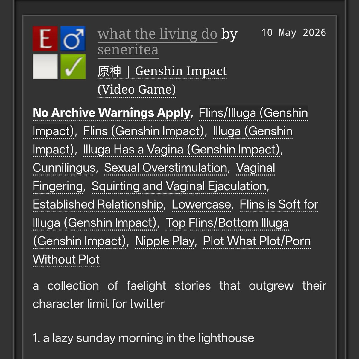 faelightfics's tweet photo. what the living do by seneritea 
• illuga has a vagina 
• overstimulation/nipple play
• WRITTEN BY MY GOAT @nerifelt
• 2.3k words Rated E
https://t.co/wOj9ExE3s7 https://t.co/aLaPW1RFy2