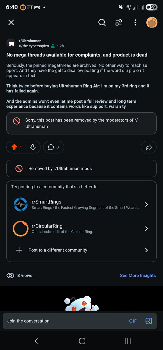 adi__ityadi's tweet photo. Tried posting on reddit since the support used to be very active on r/ultrahuman. Guess what? You have to create a comment in the megathread. Which is archived since atleast march. @UltrahumanHQ
@deeppurpled congratulations, you've built a company worth following (to downfall) https://t.co/GajFu6vQNv