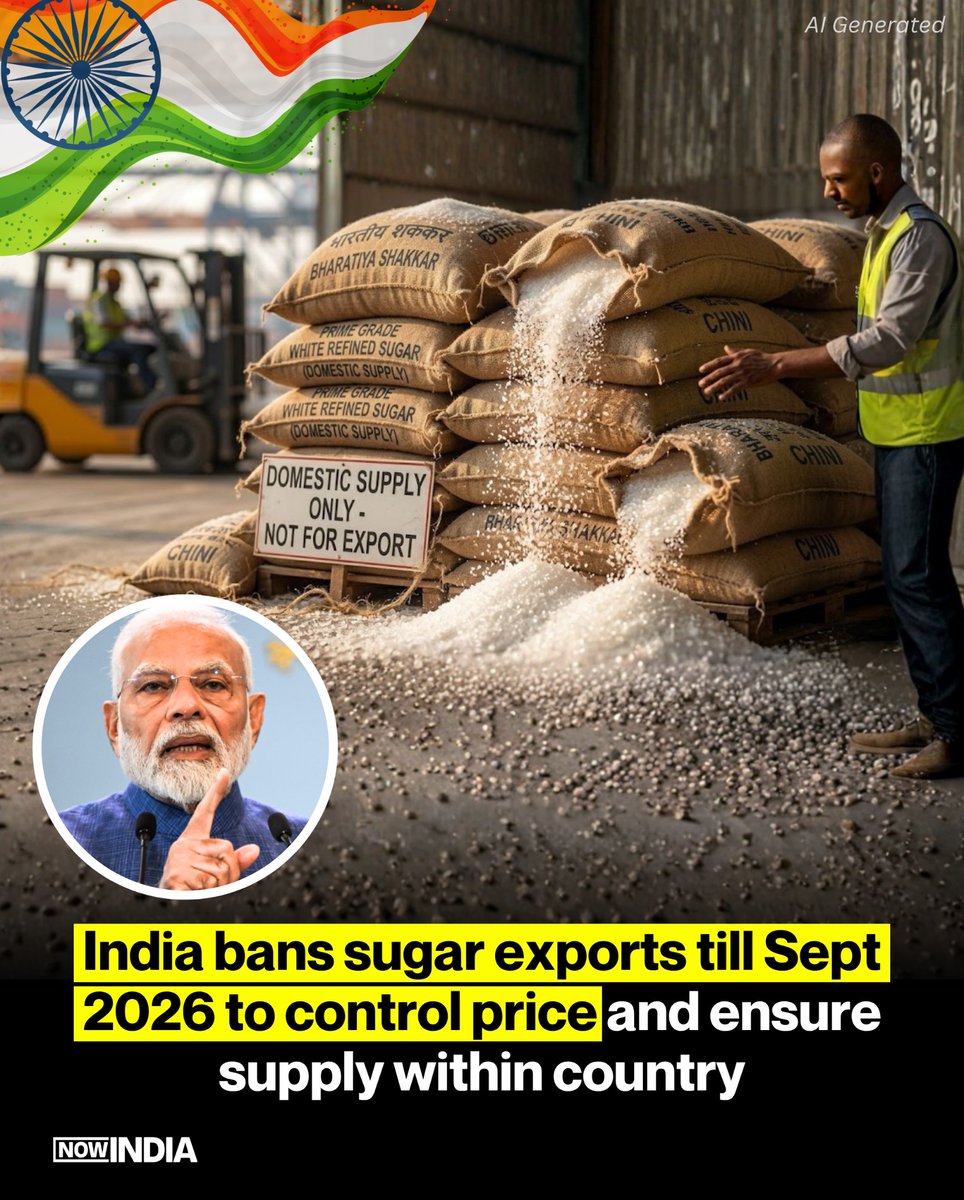 thenowindia's tweet photo. India bans sugar exports till Sept 2026 to control price and ensure supply within country

#NowIndia #India #SugarExportBan #PriceControl #SugarIndustry https://t.co/V5Yx0wUB8g