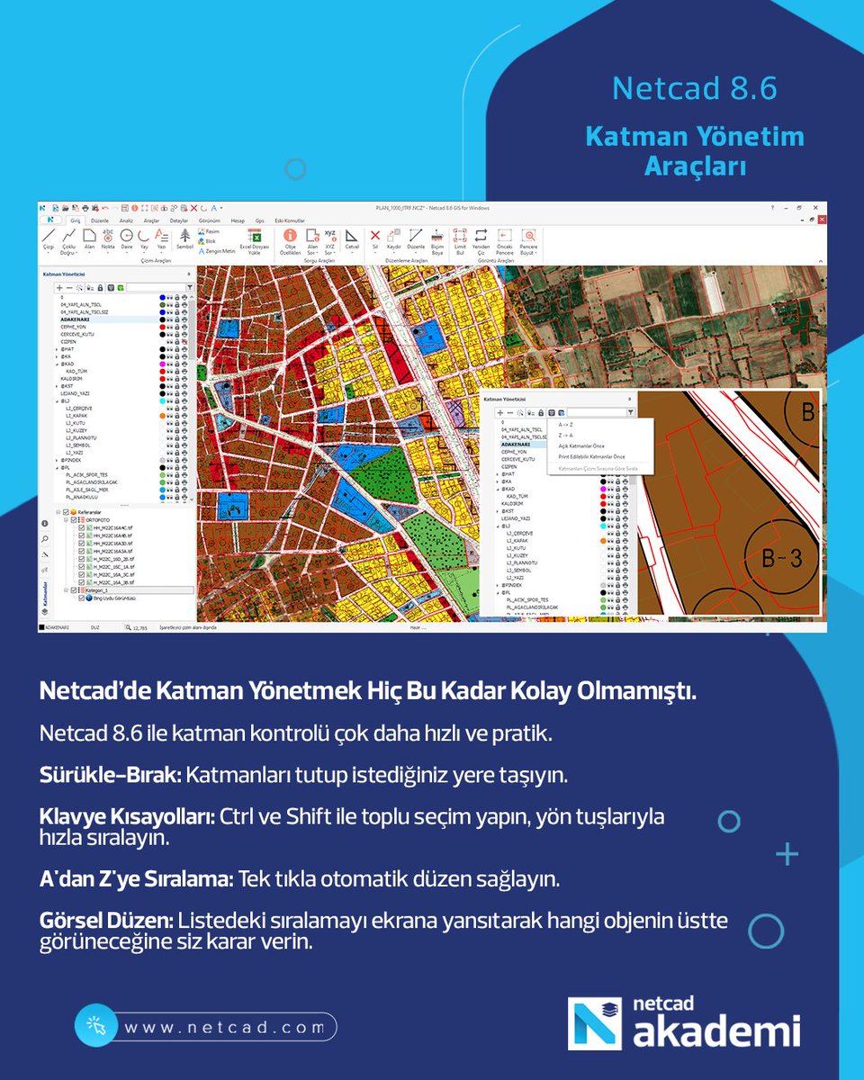 NetcadKampus's tweet photo. Netcad 8.6 ile katman yönetimi artık daha hızlı ve pratik!

Sürükle-bırak ile katmanları kolayca taşıyın.
Ctrl &amp; Shift kısayollarıyla toplu seçim yapın
Tek tıkla A’dan Z’ye sıralayın.
Görsel düzenle objelerin ekrandaki görünüm sırasını belirleyin.

🔗 https://t.co/CIoqhc861D https://t.co/Pb14X2ksUJ