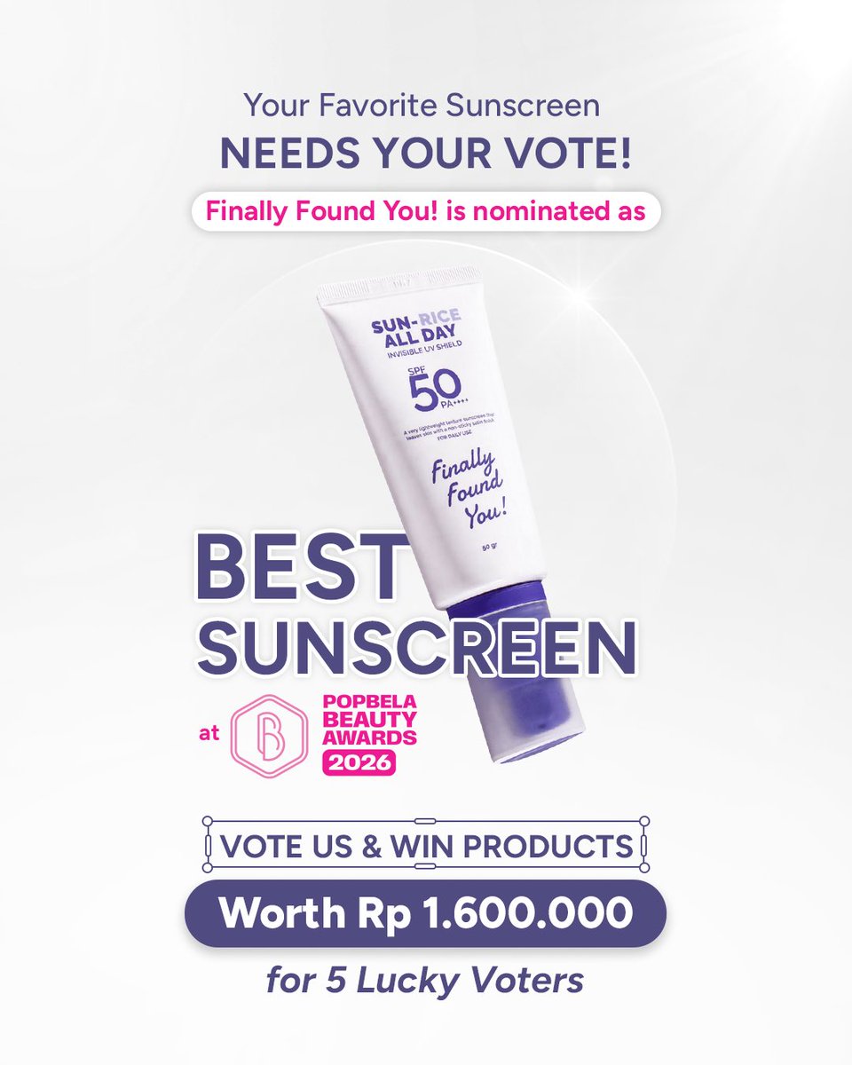 FINALLYFOUNDY0U's tweet photo. GIVEAWAY VOTE &amp; WIN 🏆

Yuk bantu Rice Sunscreen jadi #1 di Popbela Beauty Awards 2026 ✨

🎁 5 pemenang akan mendapatkan Rice Sunscreen + Pink Toner

Vote sebanyak-banyaknya di sini 🥳
Semakin rajin vote, semakin besar peluang menangnya 🫶

https://t.co/Hup9DO14Mp https://t.co/qwpPaPxCZs