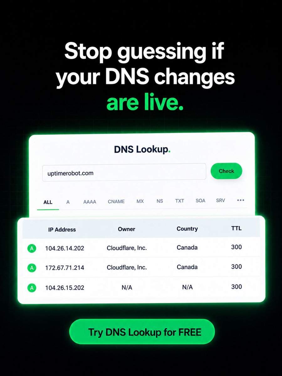 uptimerobot's tweet photo. You push a DNS change, something breaks, and you spend 20 minutes guessing whether it's live yet. UptimeRobot's free DNS Lookup tool cuts that out.

Paste any domain and instantly see: https://t.co/zIellL0PYw