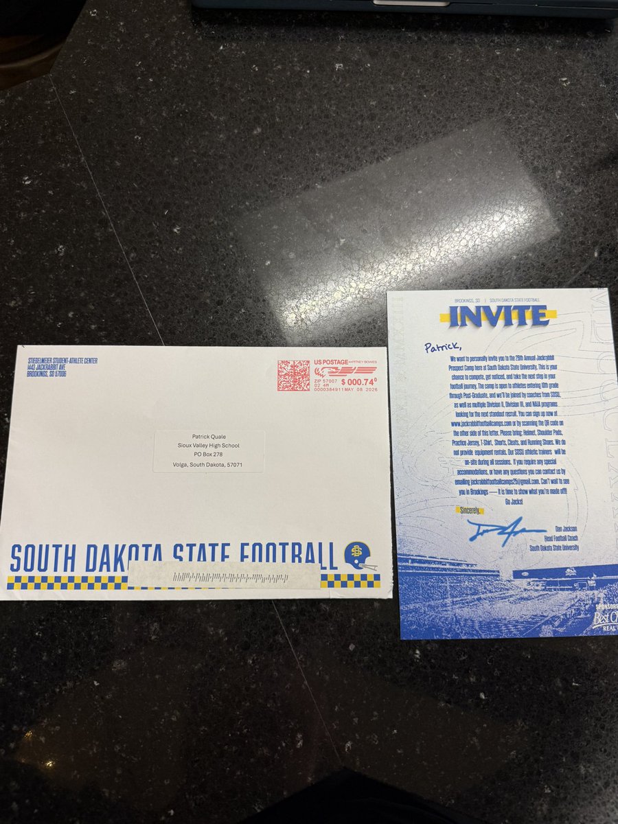 QualePatrick's tweet photo. Thank you @CoachDtjackson for the prospect camp invite‼️ Excited to get to Brookings to compete 

@RealJordanFast @CossackFootball @jschneid1 @GoJacksFB https://t.co/6mOdvtBE8G