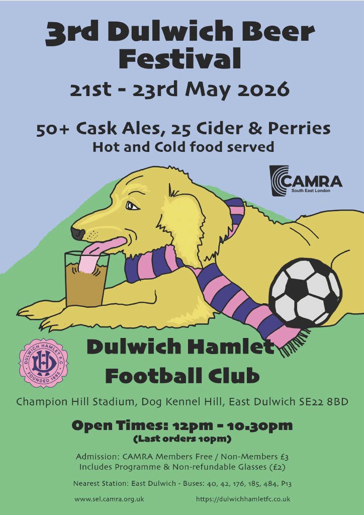 SELondonCamra's tweet photo. Just one week to go now until the 3rd Dulwich Beer & Cider Festival at @DulwichHamletFC. It's bigger than ever with over 80 #caskBeers, #realCiders and #realPerries to choose from. #beerFest #ciderFest https://t.co/BokgsMlPAz
