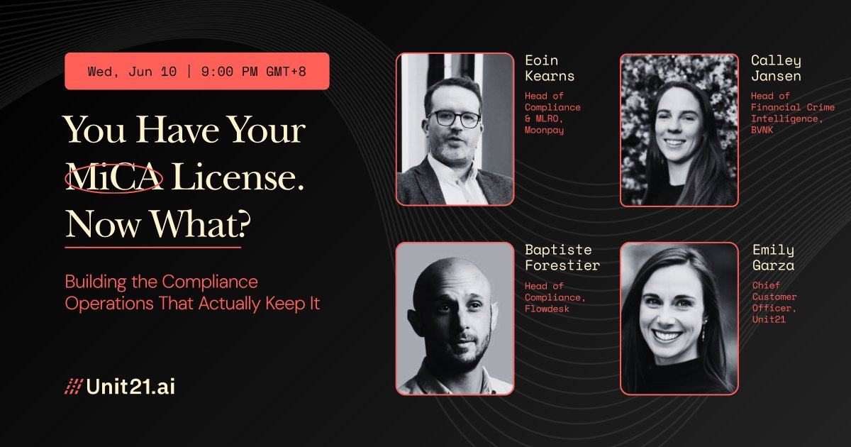 unit21inc's tweet photo. You got your MiCA license. Now the real work starts. 

We've found that most MiCA conversations stop at licensing, so we’re bringing together operators from @moonpay, @BVNKFinance, and @flowdesk_co to talk about 𝘄𝗵𝗮𝘁 𝗵𝗮𝗽𝗽𝗲𝗻𝘀 𝗮𝗳𝘁𝗲𝗿 𝗮𝗽𝗽𝗿𝗼𝘃𝗮𝗹.

This will be a practical conversation about what teams are seeing on the ground, what’s changing under MiCA, and where companies are still getting stuck.

👉 Register here: https://t.co/vSAlCSRT7C