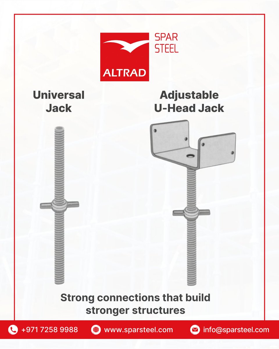 SteelSpar's tweet photo. Built for precision. Designed for strength. 
ALTRAD SPAR’s Universal Jack and Adjustable U-Head Jack provide the solid support your scaffolding system needs for safe and stable performance on every project. 
🌐 https://t.co/2K8PwRBx2w
#SltradSpar #UniversalJack #UHeadJack https://t.co/uoQDwC8Oap